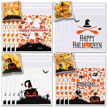 Imagem de TAKANAP Sacos de biscoito de Halloween, sacos de doces, sacos de celofane autoadesivos, sacos de guloseimas de Halloween, sacos de plástico de espessura de abóbora para suprimentos de presente de