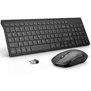 Imagem de Mouse teclado sem fio recarregável, teclado e mouse de computador sem fio fino 2,4 G, ergonômico, compacto, tamanho completo perfeito, Preto
