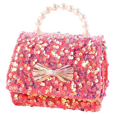 Imagem de Anopo Bolsa infantil com lantejoulas, bolsa transversal com alça superior de pérola, laço com glitter, carteira para meninas, acessórios para crianças, Vermelho, One Size