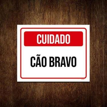 Imagem de Placa Sinalização Vermelho Cuidado Cão Bravo 18X23