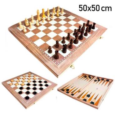 Imagem de Jogo Xadrez Dama Gamão 3 Em 1 50x50 Madeira Tamanho Grande - Atitude M