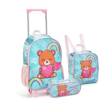 Imagem de Kit Mochila Rodinha Lancheira Estojo Animais Bichinhos - Seanite, Azul