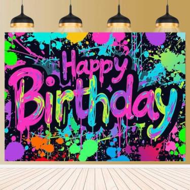 Imagem de Pano de fundo neon de feliz aniversário para decoração de festa neon brilhante colorido grafite respingo suprimentos de aniversário infantil fundo de aniversário grafite anos 80 anos 90 faixa de feliz