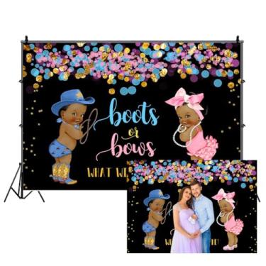 Imagem de AOFOTO Botas ou laços para chá de bebê de 2,1 x 1,5 m, vinil revelador de gênero, pano de fundo de festa, gravidez, menino ou menina, o que será o bebê, caubói, glitter, dança, fotos de bebê,