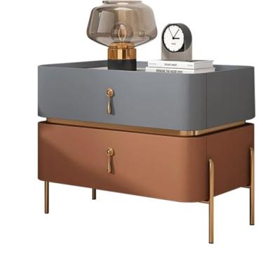 Imagem de Mesa de cabeceira moderna de meados do século | Mesa de cabeceira para decoração de casa com pernas de metal e 2 gavetas de armazenamento | Mesa lateral contemporânea para sala de estar, quarto, azul