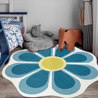 Imagem de USTIDE Grande tapete redondo de flor 150 cm, tapete floral circular para sala de estar quarto lavável tapete macio tapete azul-petróleo para quarto de meninas