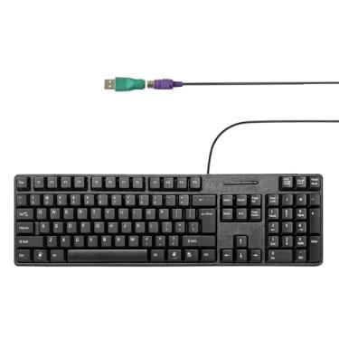 Imagem de YORUNOHOSHI Teclado de computador PS2 com 104 teclas com suporte, à prova d'água - layout dos EUA compatível com Windows, PC, laptop, preto