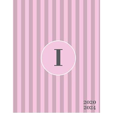 Imagem de 2020-2024: Initial Monogram Letter I Five Year Monthly Planner Organizer with 60 Months Spread View. Classic 5 Year Calendar, Agenda, Journal and Notebook - Pink & Gray Stripe