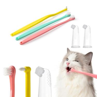 Imagem de E.M&S.T Emmeliestella Kit de escova de dentes para cães e gatos pequenos, microcabeça, escova de dentes de gatinho, escova de dedos, kit iniciante, design redondo e pontiagudo, cuidados dentários para