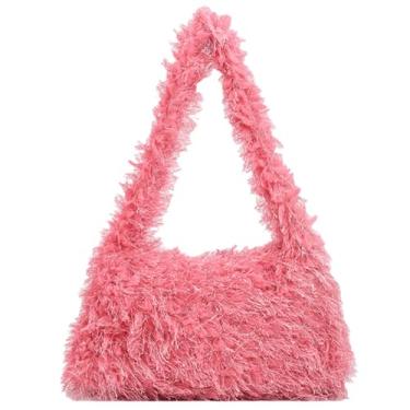 Imagem de Bolsa Hobo de Ombro Fofo e Bolsa Feminina Y2K Fuzzy Soft Plush Underarm Tote Bag, rosa