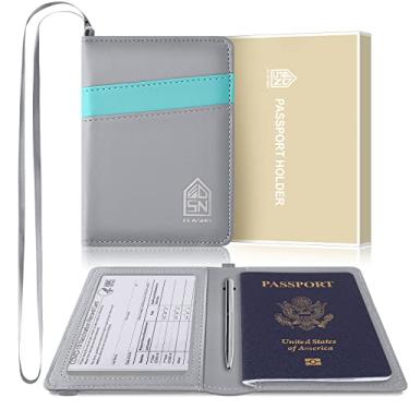 Imagem de ELASND Conjunto de porta-passaporte, passaporte e cartão de vacina, capa de couro ultrafina para passaporte com compartimento para cartão de vacina, carteira de passaporte com cordão de pescoço e bloqueio de RFID, Cinza, Contemporâneo