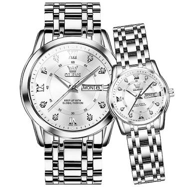 Imagem de OLEVS Relógio de casal para namorados para casais, conjunto de relógios para casais, para homens e mulheres, presentes românticos, para homens e mulheres, presentes românticos, conjunto com 2, GL5513: Pulseira prata e mostrador branco