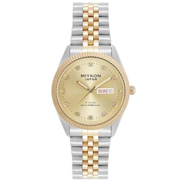 Imagem de Miykon Relógios masculinos prateados e dourados | Relógio social masculino Day Date com cristais genuínos e pulseira de aço inoxidável | Polido, ponteiros Lume, vidro antiarranhões, quartzo japonês,