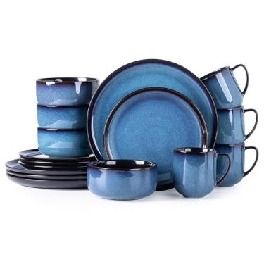 Imagem de Conjunto de Louça de Cerâmica LERATIO, para 4 Pessoas, Pratos, Tigelas, Canecas, Esmalte Reativo, Resistente a Lascas e Rachaduras, para Micro-ondas, Lava-louças e Fornos, Azul, 16 Peças