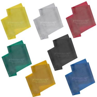 Imagem de THERABAND Conjunto de faixas de resistência, pacote com 7 faixas elásticas para pernas, bumbum, braços e ombros, faixas planas individuais de 15 cm, faixas de reabilitação de látex profissional,