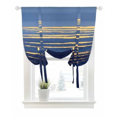 Imagem de Cortinas de amarrar para janelas moderna azul dourado linha arte nascer do sol haste bolso amarração janela persiana balão ajustável saia abstrato dourado ondulado água para cozinha, banheiro,