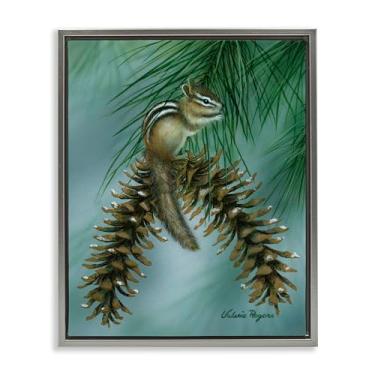 Imagem de Stupell Industries Design de arte de parede em tela emoldurada com cone de pinheiro esquilo poleiro cinza flutuante por Valerie Rogers, 43 x 53 cm