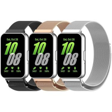 Imagem de QIEMUTER Pacote com 3 pulseiras de relógio de malha de metal para Samsung Galaxy Fit 3, aço inoxidável, compatível com Samsung Galaxy Fit 3, para mulheres e homens, serve em 3 pulseiras (prata + preto