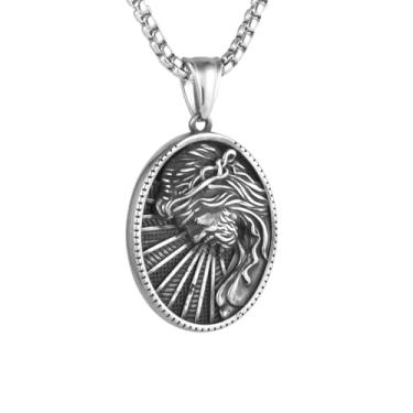 Imagem de Colar oval masculino e feminino com pingente de Jesus Cristo, aço inoxidável 316L, corrente quadrada de pérola de aço inoxidável prata, joia vintage de amuleto, Standard, Aço inoxidável, Sem Pedra