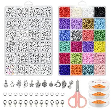 Imagem de Kit de miçangas para pulseiras, 3600 peças de contas de vidro de 4 mm e 1200 peças de contas de letras do alfabeto para artesanato faça você mesmo e faça você mesmo joias pulseiras feitas e artesanato com acessórios DIY Material