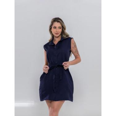 Imagem de Vestido Chemise Alfaiataria Azul Marinho Regata Com botões ou zíper E 