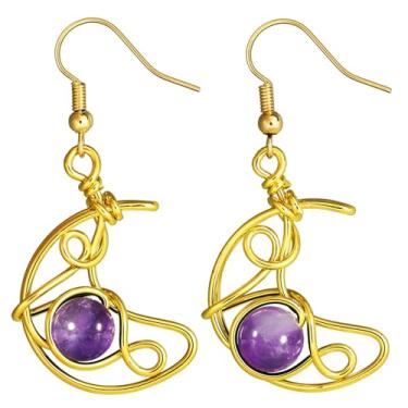Imagem de Nupuyai Brincos femininos com pingente de cristal de lua gótico, fio de cobre, lua crescente, brincos de gota para mulheres, Cobre Cobre Ametista, Pedra de cristal ametista