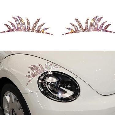 Imagem de MINGZAIQIPEI 2 peças de adesivos de cílios de farol de carro, decalque de cílios falsos, decoração de sobrancelha de cristal brilhante, adesivo de pálpebra de farol automotivo para veículo (colorido)