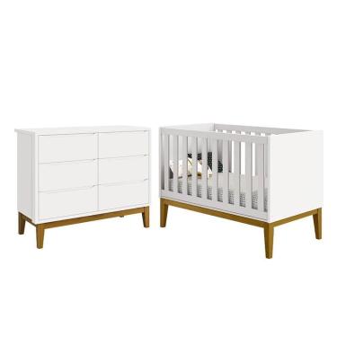Imagem de Jogo de Quarto Infantil Classic Cômoda 6 Gavetas e Berço com Pés Amadeirado - Reller Móveis Branco Fosco