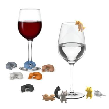Imagem de GCFTIFF Marcadores de vidro com pingentes de vinho, etiqueta de marcação de taça de vinho de silicone para bar, festa, coquetel, champanhe (12 peças em formato de gato), Mini, Silicone, Sem Pedra