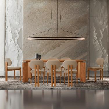 Imagem de Conjunto Mesa de Jantar Nala 220cm Madeira Tampo Laminado com 8 Cadeiras - Veludo Bege / Imbuia Nat.