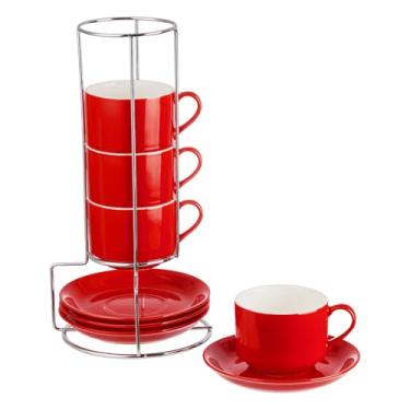 Imagem de CHILDIKE Copos de cappuccino de porcelana de 227 g com pires e suporte de prata, conjunto de 4 xícaras vermelhas