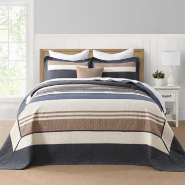 Imagem de Finlonte Colcha listrada grande King 304.8 cm x 304.8 cm - 3 peças 100% algodão leve conjunto de colcha de cama moderna acolchoada GG grande colcha king com 2 fronhas, azul marinho/marrom/bege