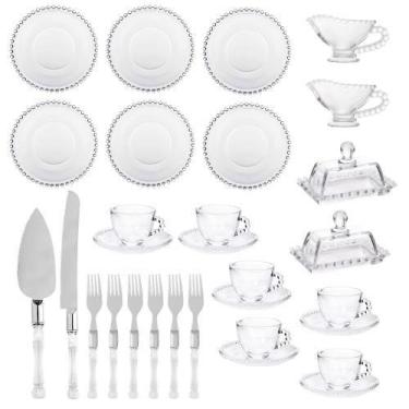 Imagem de Kit Para Servir Chá Bolo e Sobremesa Cristal / Vidro Aço Inox Bolinhas