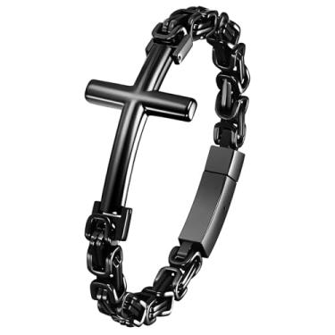 Imagem de Rofusn Pulseira masculina de cruz de corrente bizantina: joia religiosa de aço inoxidável presente para punk católico cristão hip hop, Standard, Aço inoxidável, Sem Pedra Preciosa