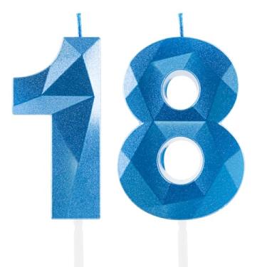 Imagem de Hongplus Velas de aniversário de 18 anos azul royal 3D, número 18 para bolo, cobertura de vela de safira para meninos e meninas, decorações de festa de aniversário de 18 anos