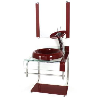 Imagem de Gabinete Vidro 40Cm Banheiro Curvado Duplo Inox Cuba Chapéu