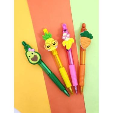 Imagem de Kit com 04 Canetas Esferográficas com aplique frutas nutrição nutricionista nutrólogo papelaria material escolar caneta 
