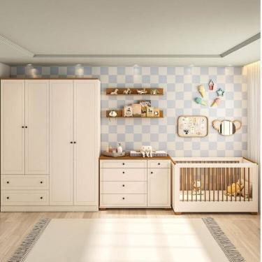 Imagem de Quarto de Bebê Completo  1 Berço 1 Cômoda e 1 Guarda Roupa 4 portas Baby Ananda Casatema OffWhite/Mel