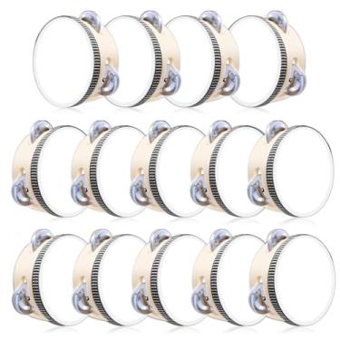 Imagem de SENONAPO 14 peças Pandeiro de casamento para adultos 10 cm madeira metal jingles tambor instrumento de bateria portátil branco musical educacional percussão para jogos de festa na igreja