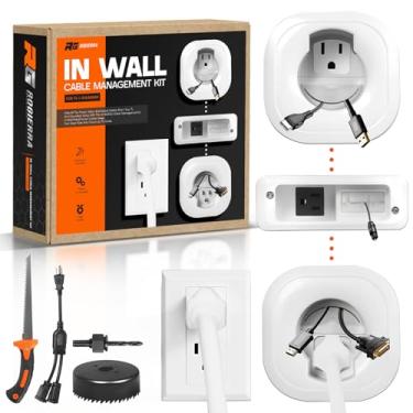 Imagem de Kit de gerenciamento de cabos na parede - para TV e barra de som - corretivo de cabos e kit de energia com acessório de perfuração de serra circular e serra manual de drywall, oculta todos os cabos e