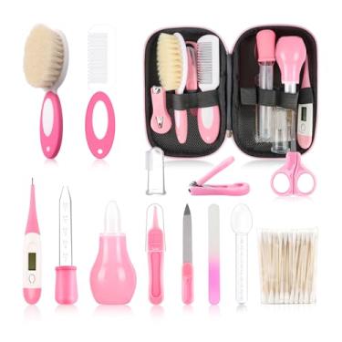Imagem de Kit de cuidados para bebês, conjunto de cuidados de segurança infantil com pente de escova de cabelo, cortador de unhas, aspirador nasal, kit essencial para bebês recém-nascidos e meninos (kit rosa