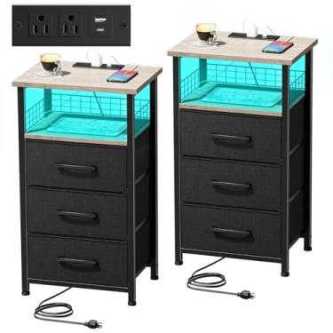 Imagem de Mesa de cabeceira alta com estação de carregamento, conjunto de 2 mesinhas de cabeceira com 20 cores de fita de luz LED 3 gavetas, mesas laterais mesa de canto de quarto com portas USB e tomadas para sala de estar, escritório (luz de lvory)