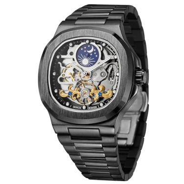 Imagem de FORSINING Relógio analógico masculino de luxo automático esqueleto analógico sol e lua com pulseira de aço inoxidável, Preto, Clássico