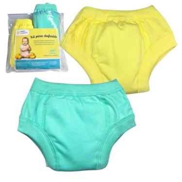 Imagem de Kit 2 Cueca Treinar Bebe Criança Desfraldar Verde/Amarelo reutilizável lavável Diurno Noturno treinamento transição fralda bebê (P)