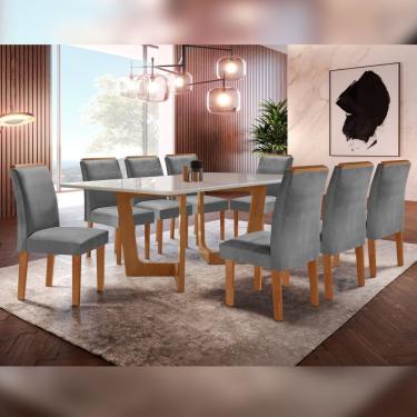 Imagem de Conjunto Sala De Jantar Nápoles Tampo Vidro/Mdf Com 8 Cadeiras Luísa Smart Plus Cel Móveis Cinamomo/Off White/Cinza