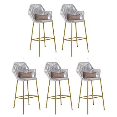 Imagem de Kit 05 Banqueta Alta Com Encosto Sttar Ferro Dourado Fibra Cinza Almofada Suede Bege