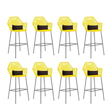 Imagem de Kit 08 Banqueta Alta Com Encosto Sttar Ferro Prata Fibra Amarelo Almofada Suede Marrom