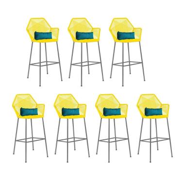 Imagem de Kit 07 Banqueta Alta Com Encosto Sttar Ferro Prata Fibra Amarelo Almofada Suede Azul Turquesa