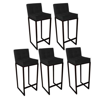 Imagem de Kit 05 Banqueta Alta Linne Com Encosto Cozinha Bar Balcão Bistrô Ferro Preto Tecido Sintético Preto