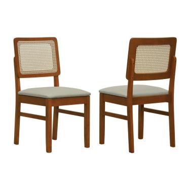Imagem de Kit 2 Cadeiras Madeira Maciça Lyon Encosto Telinha Natural - Amêndoa Assento Estofado Linho Bege